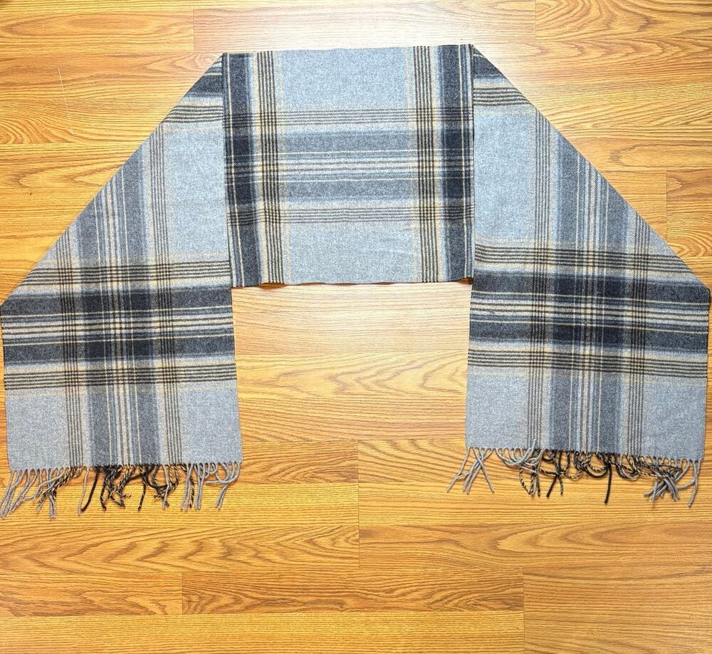 Vintage Pure Cashmere Scarf Plaid Gray Black Tan Fringe USA Made